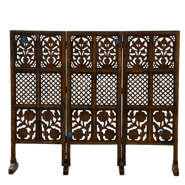 Urbane Crafts Handcrafted 3 Panel Wooden Room Divider (4 Ft Height) – Hand Carved Solid Wood Folding Partition Screen & Low Profile Room Separator for Living Room, Home Office & Bedroom