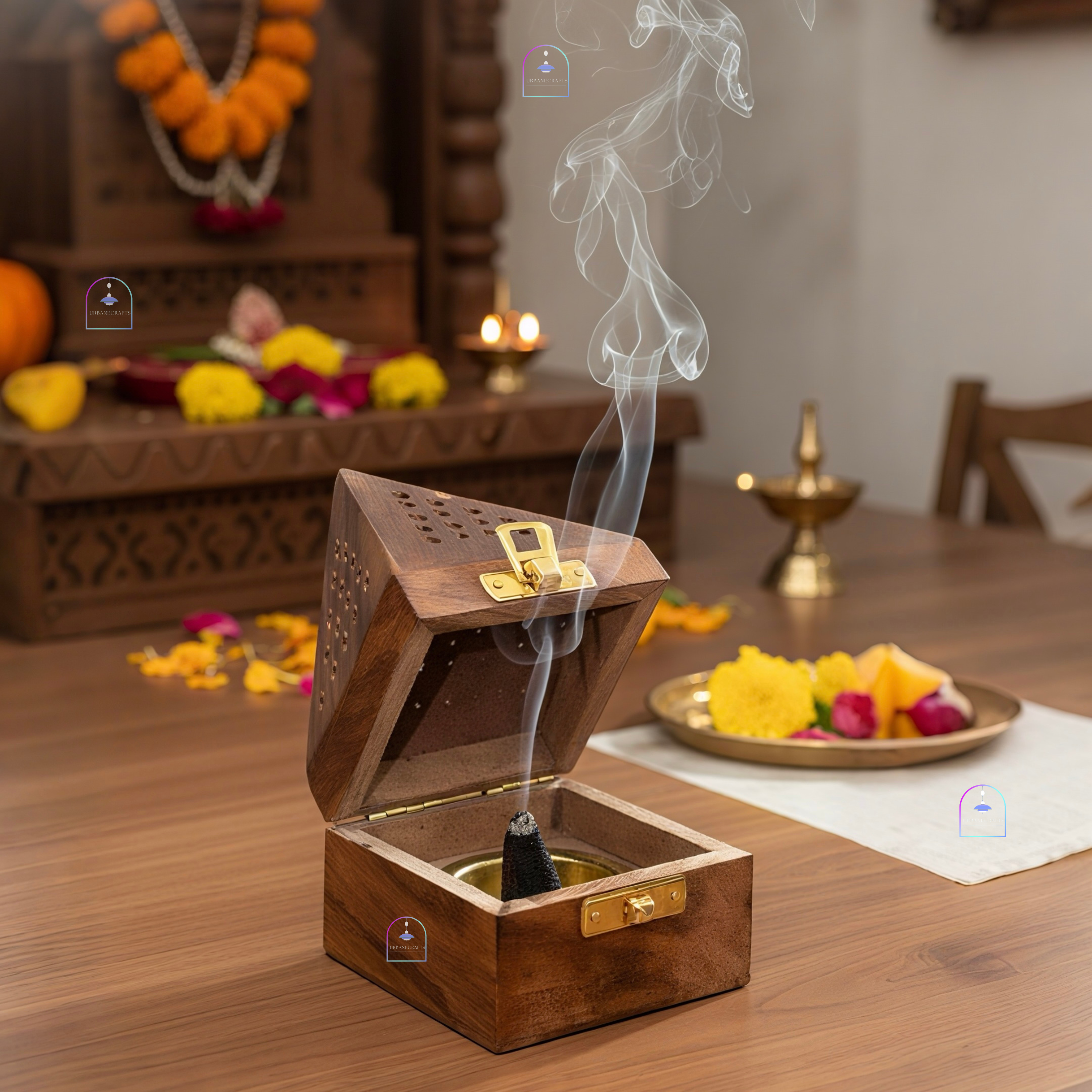 Urbane Crafts Handcrafted Sheesham Wood Pyramid Dhoop Box & Loban Burner
