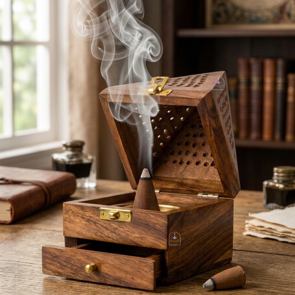 Handcrafted Sheesham Wood Pyramid Dhoop Box with Storage Drawer | 7-Inch Wooden Loban & Sambrani Burner Stand with Removable Brass Dish