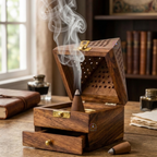Handcrafted Sheesham Wood Pyramid Dhoop Box with Storage Drawer | 7-Inch Wooden Loban & Sambrani Burner Stand with Removable Brass Dish