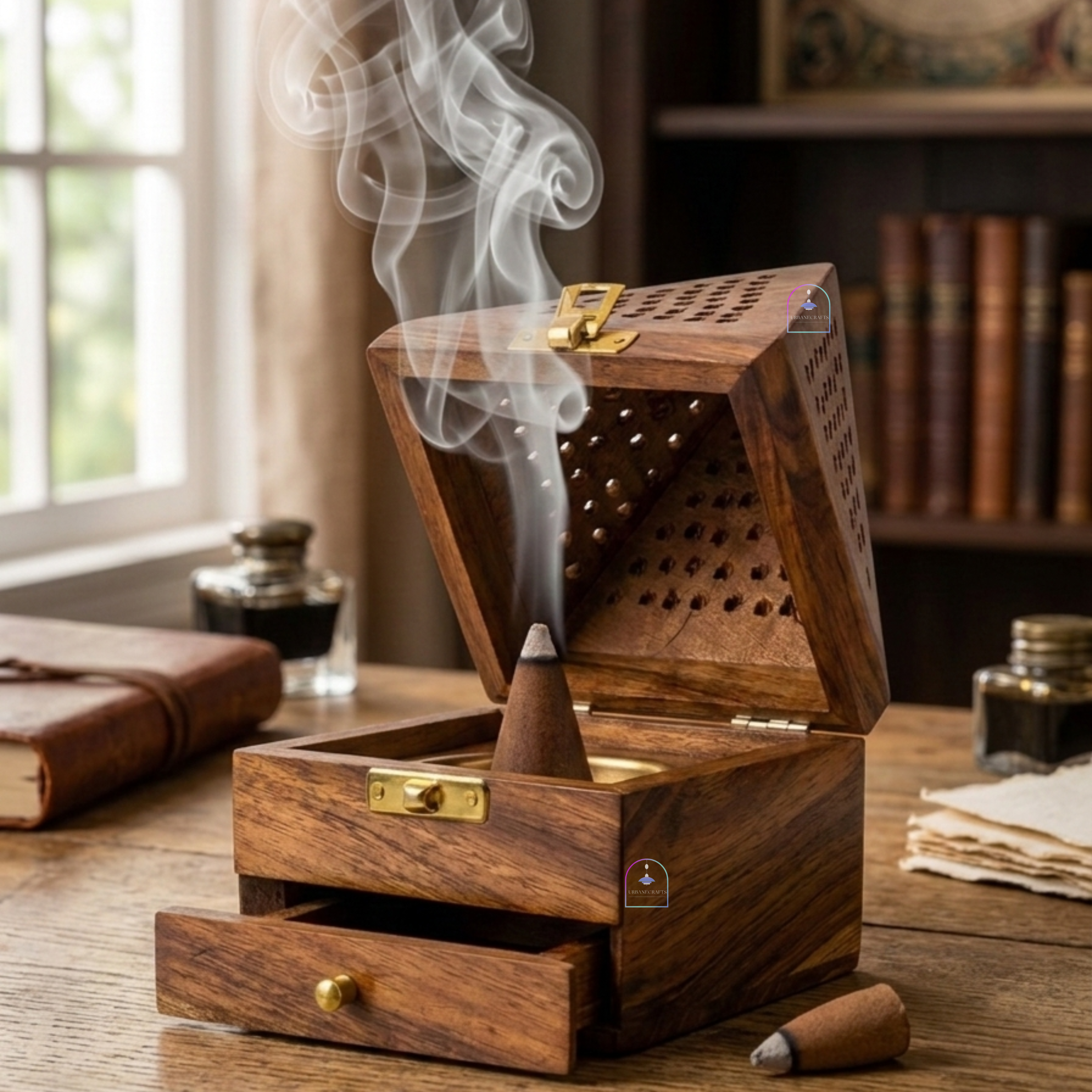 Handcrafted Sheesham Wood Pyramid Dhoop Box with Storage Drawer | 7-Inch Wooden Loban & Sambrani Burner Stand with Removable Brass Dish