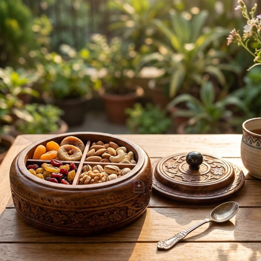 Handcrafted Rosewood Multi-Purpose Spice Box & Dry Fruit Container | 7-Inch Round Wooden Masala Dabba with 4 Removable Compartments & Intricate Floral Carvings