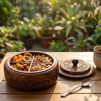 Handcrafted Rosewood Multi-Purpose Spice Box & Dry Fruit Container | 7-Inch Round Wooden Masala Dabba with 4 Removable Compartments & Intricate Floral Carvings
