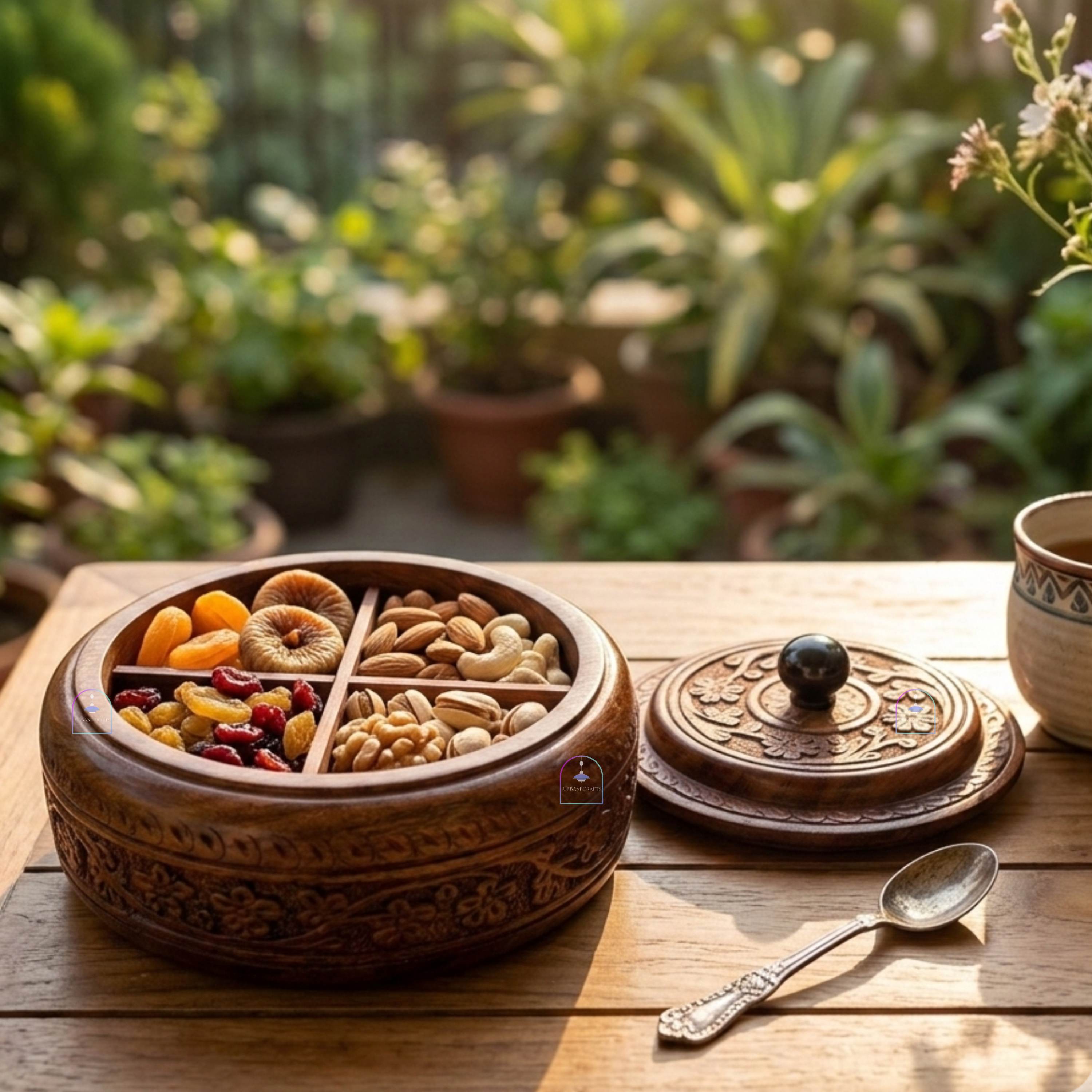 Handcrafted Rosewood Multi-Purpose Spice Box & Dry Fruit Container | 7-Inch Round Wooden Masala Dabba with 4 Removable Compartments & Intricate Floral Carvings