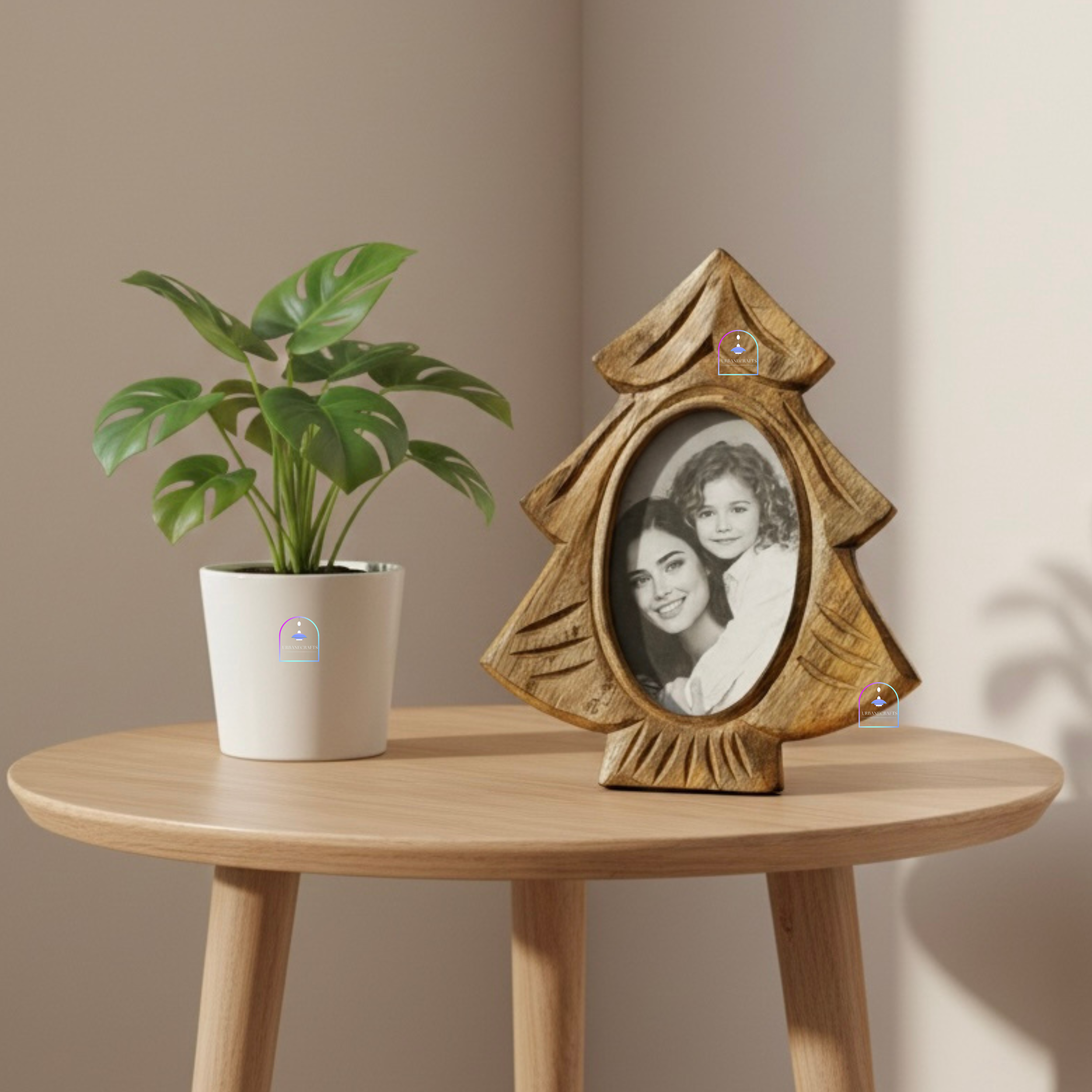 Handcrafted Mango Wood Tree-Shaped Photo Frame | Vintage Carved Pine Tree Picture Frame Tabletop Accent with Backstand | Rustic Holiday & Silhouette Home Decor