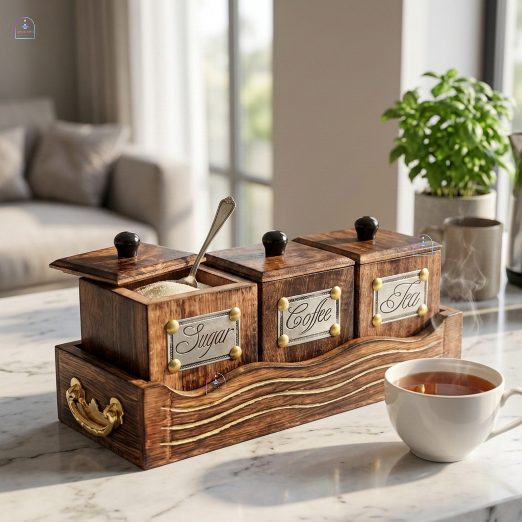 Handcrafted Rosewood Tea Coffee Sugar Container Set with Serving Tray | Rustic 3-Piece Wooden Kitchen Canister Set with Lids & Brass Labels | Vintage Coffee Bar & Kitchen Storage Organizer