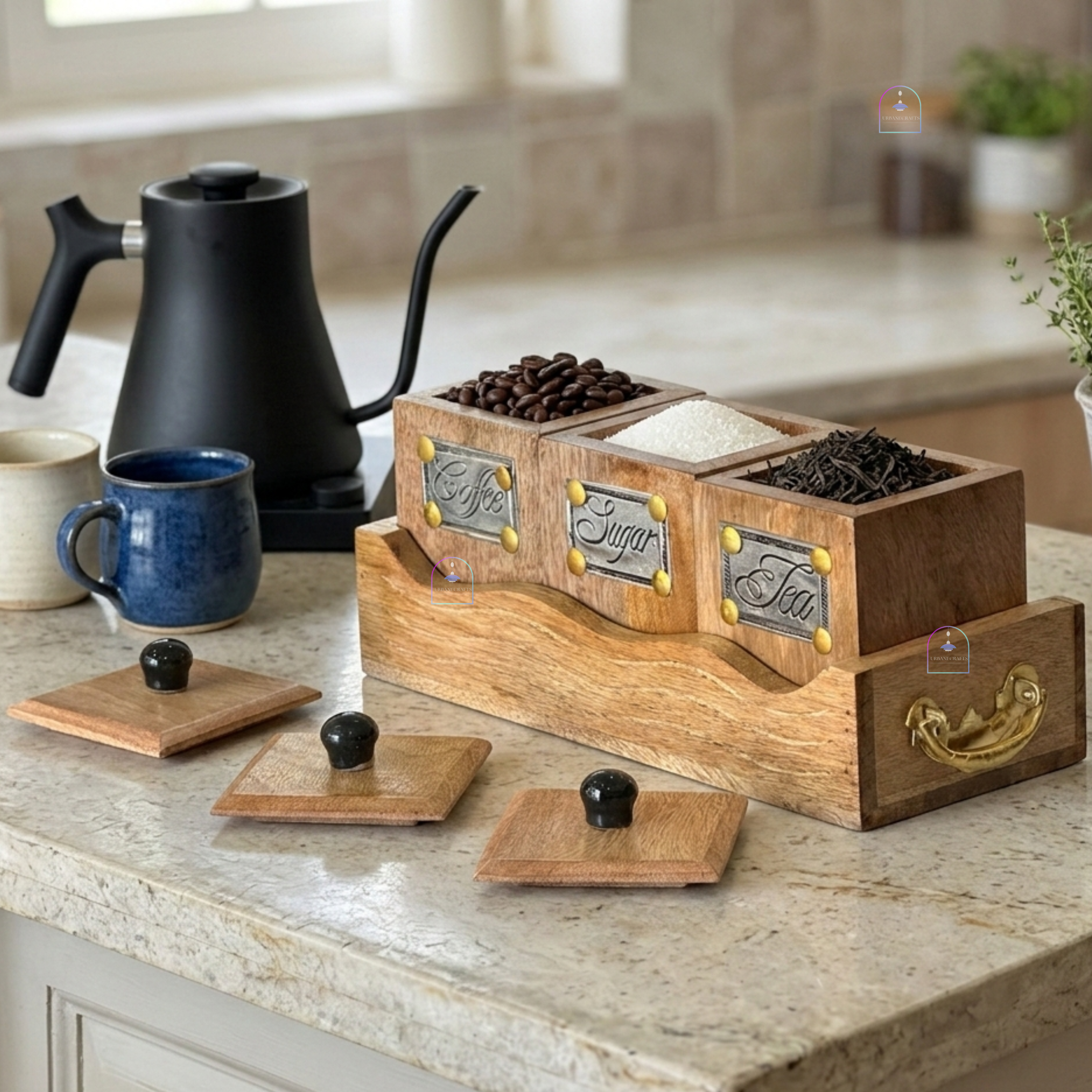 Handcrafted Rosewood Tea Coffee Sugar Container Set with Serving Tray | Rustic 3-Piece Wooden Kitchen Canister Set with Lids & Brass Labels | Vintage Coffee Bar & Kitchen Storage Organizer