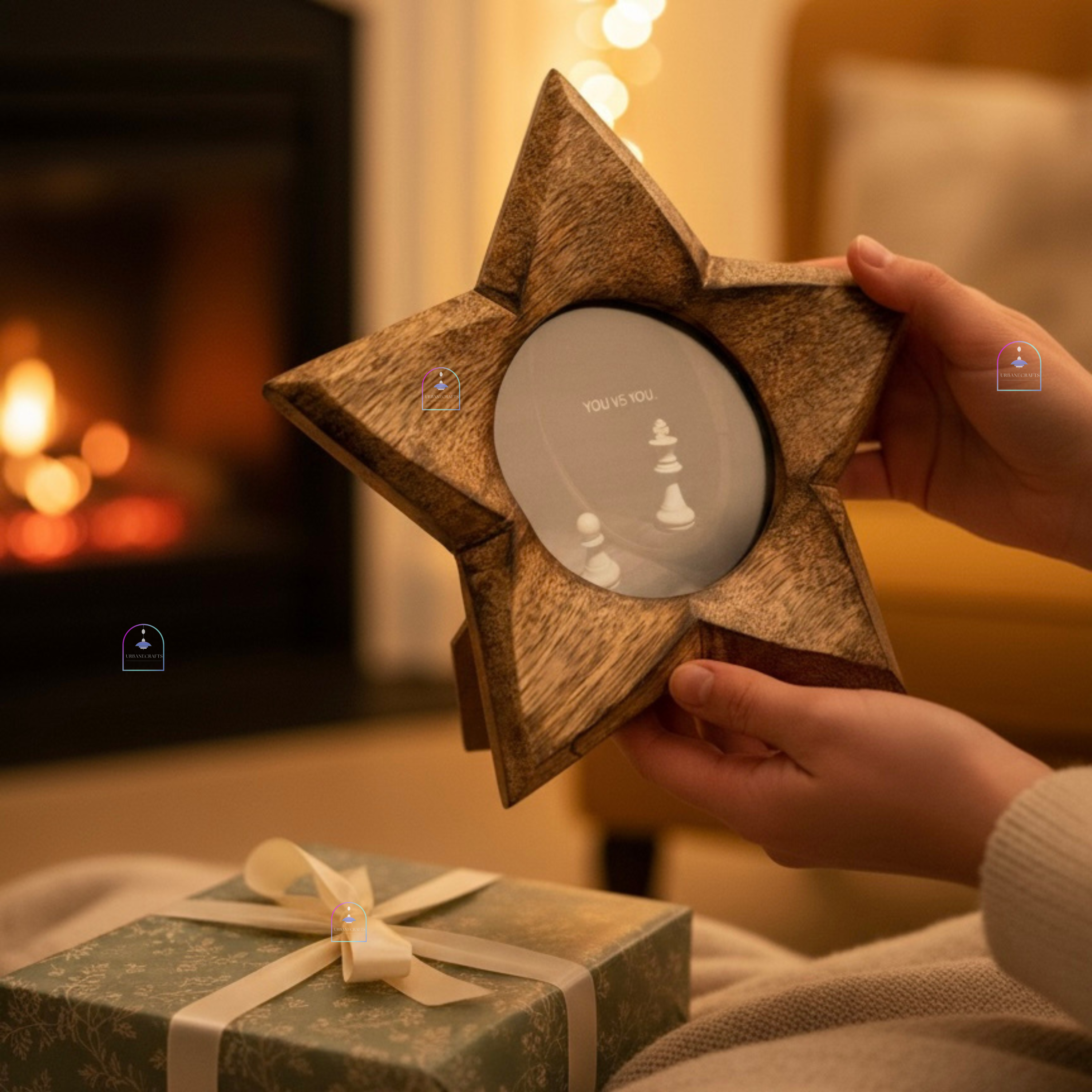 Handcrafted Mango Wood Star Photo Frame | 8x8 Inch Wooden Picture Frame Tabletop Accent with Backstand
