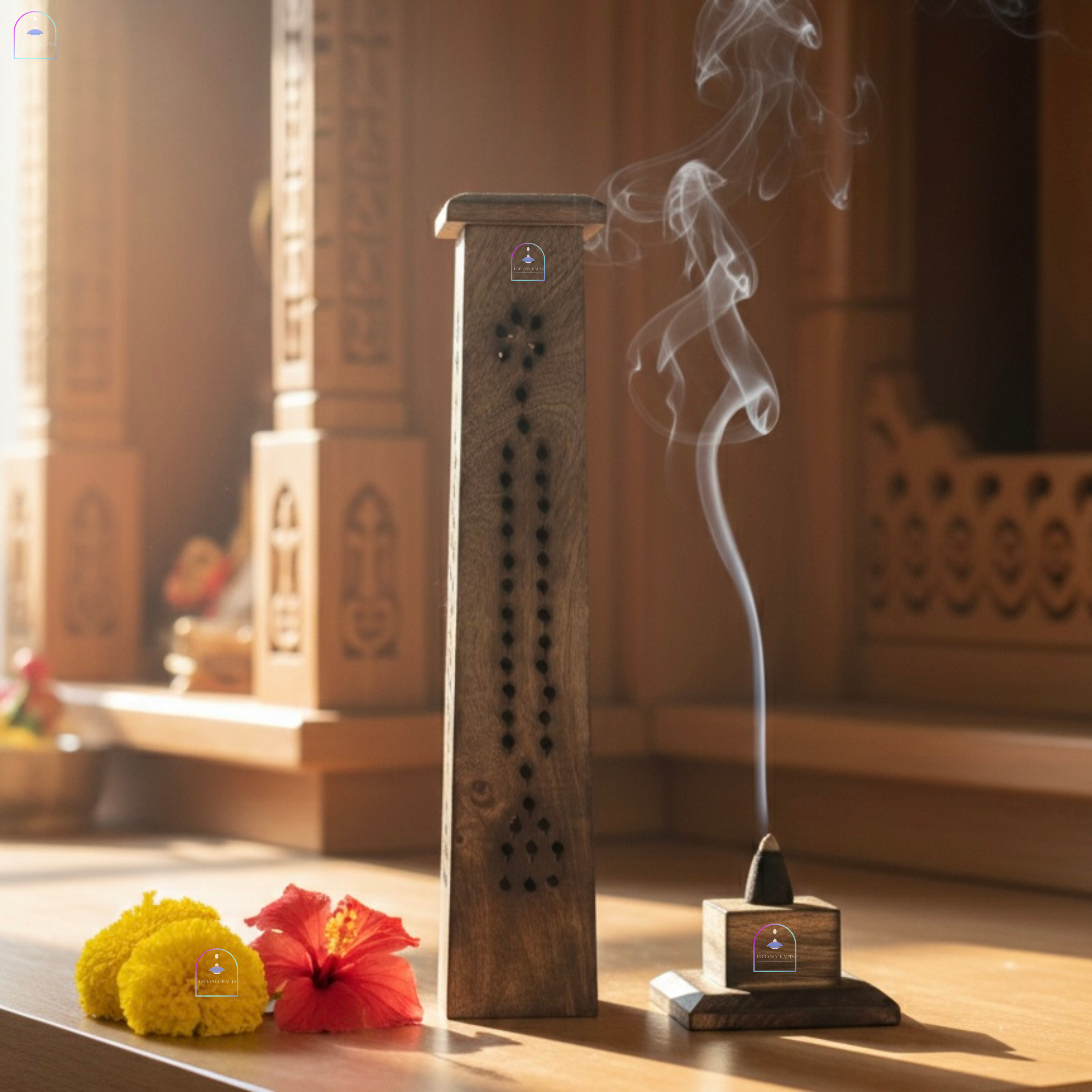Handcrafted Mango Wood Tower Incense Burner & Agarbatti Holder | 12-Inch Vertical Wooden Dhoop & Incense Stick Box