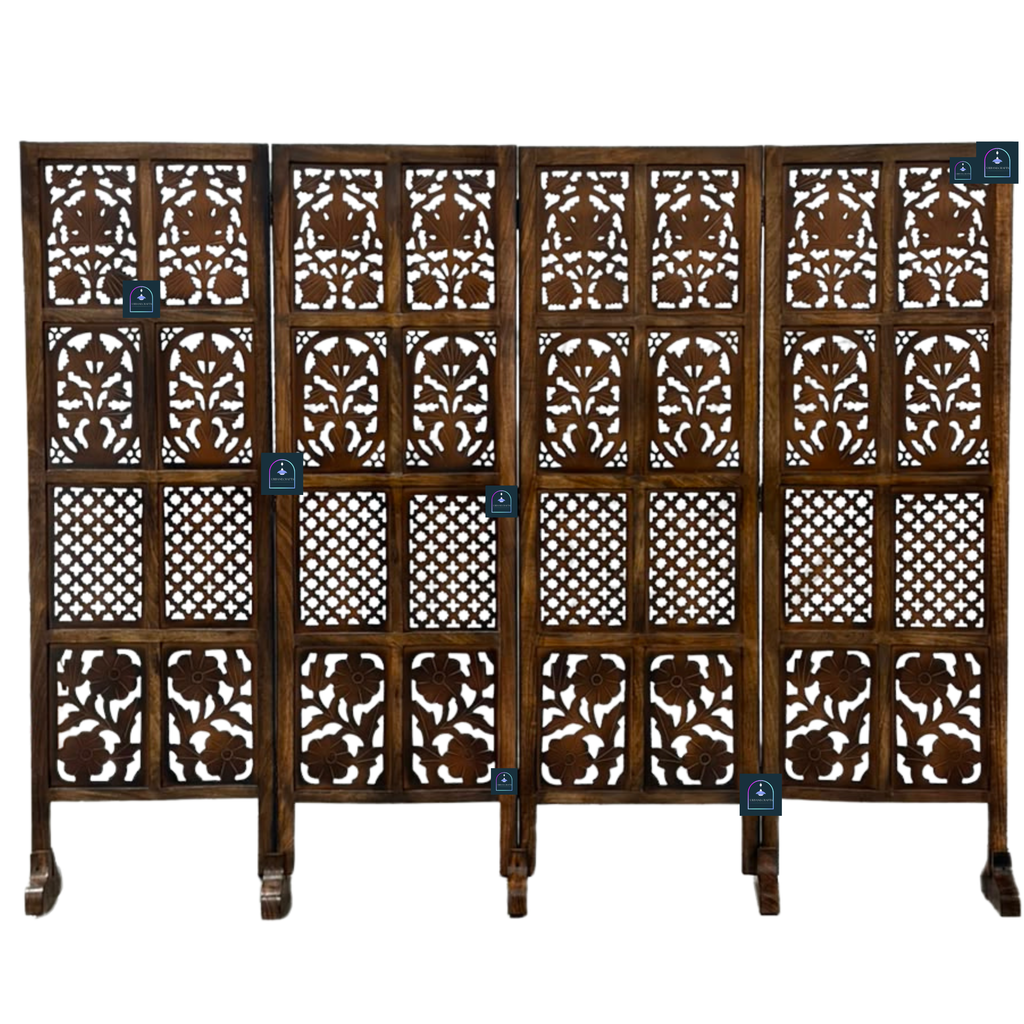 Urbane Crafts Handcrafted 4 Panel Wooden Room Divider (5 Ft Height) – Hand Carved Solid Wood Folding Partition Screen with Support Feet & Privacy Room Separator for Living Room, Home Office & Bedroom