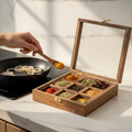 Handcrafted Rosewood Square Spice Box with Glass Lid & Wooden Spoon | 8x8 Inch Indian Masala Dabba with 9 Removable Compartments | Multi-Purpose Dry Fruit & Kitchen Storage Container