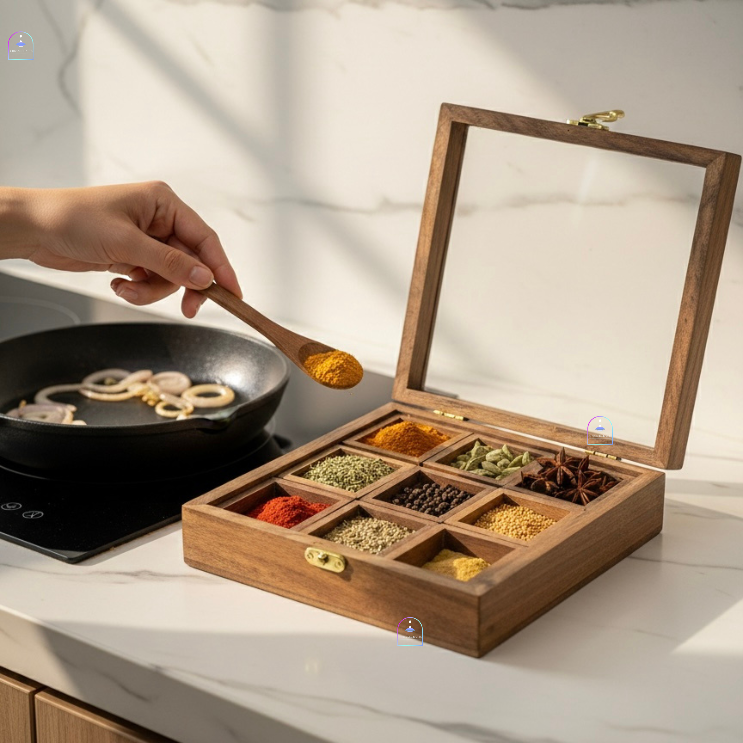 Handcrafted Rosewood Square Spice Box with Glass Lid & Wooden Spoon | 8x8 Inch Indian Masala Dabba with 9 Removable Compartments | Multi-Purpose Dry Fruit & Kitchen Storage Container
