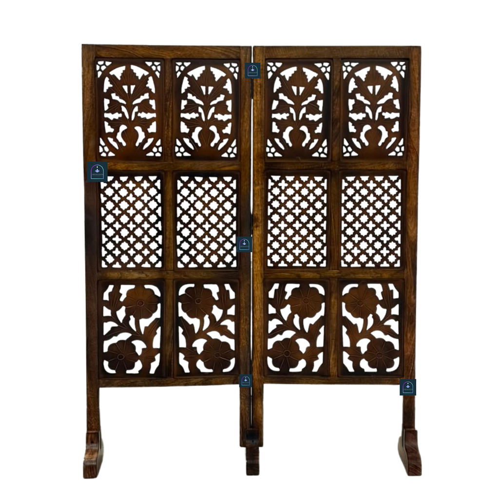 Urbane Crafts Handcrafted 2 Panel Wooden Room Divider (4 Ft Height) – Hand Carved Solid Wood Folding Partition Screen & Low Profile Room Separator for Living Room, Home Office & Compact Spaces