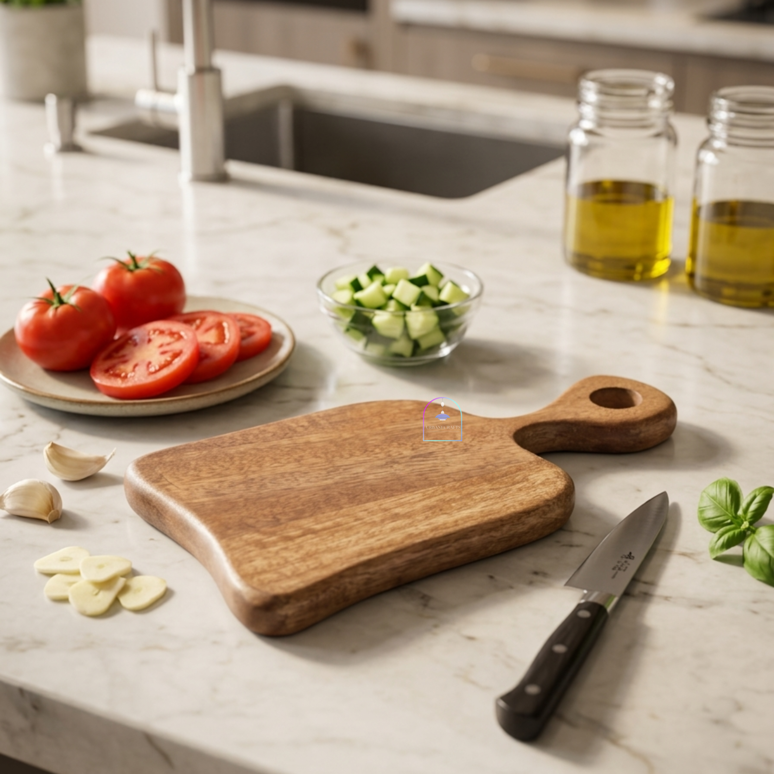 Handcrafted Mango Wood Mini Chopping Board with Easy-Grip Handle | 10x5 Inch Decorative Wooden Cheese Board & Serving Platter for Kitchen, Bar, Charcuterie