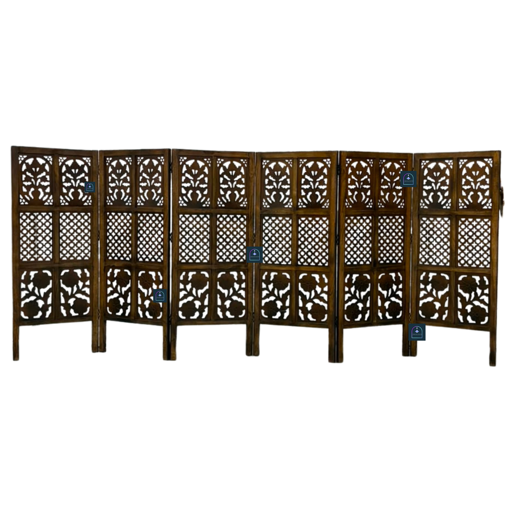 Urbane Crafts Handcrafted 6 Panel Wooden Room Divider (4 Ft Height) – Hand Carved Solid Wood Folding Partition Screen & Room Separator for Living Room, Home Office & Bedroom