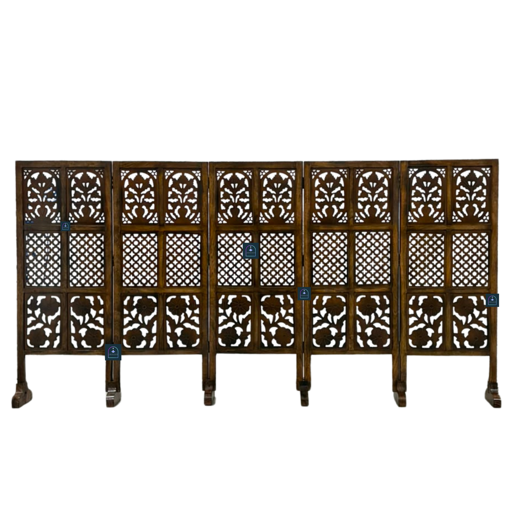 Urbane Crafts Handcrafted 5 Panel Wooden Room Divider (4 Ft Height) – Hand Carved Solid Wood Folding Partition Screen & Low Profile Room Separator for Living Room, Home Office & Bedroom