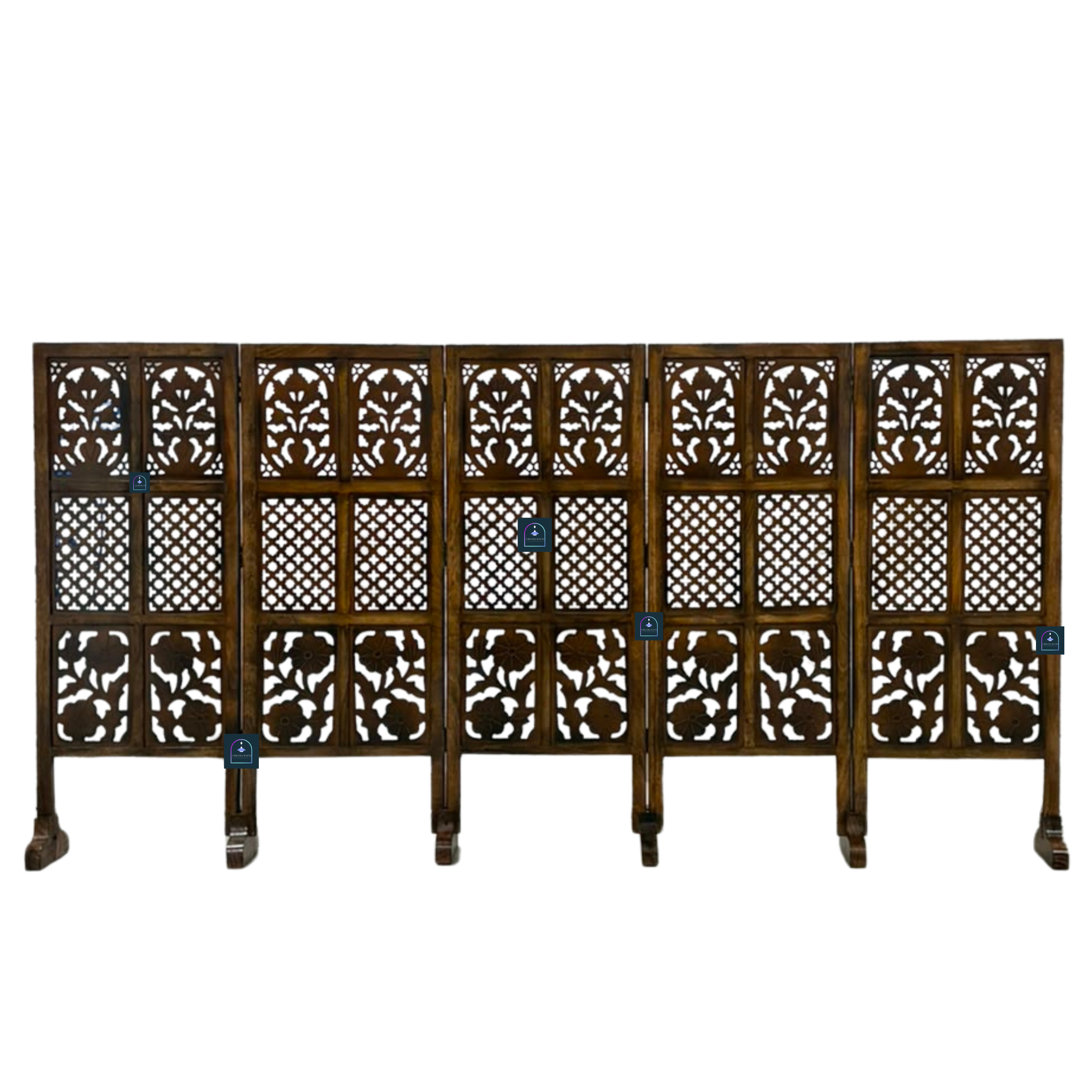Urbane Crafts Handcrafted 5 Panel Wooden Room Divider (4 Ft Height) – Hand Carved Solid Wood Folding Partition Screen & Low Profile Room Separator for Living Room, Home Office & Bedroom