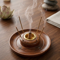 Handcrafted Sheesham Wood Round Incense Plate Holder & Dhoop Cone Stand | Dual Agarbatti Stick & Dhoop Burner with Brass Cup Insert