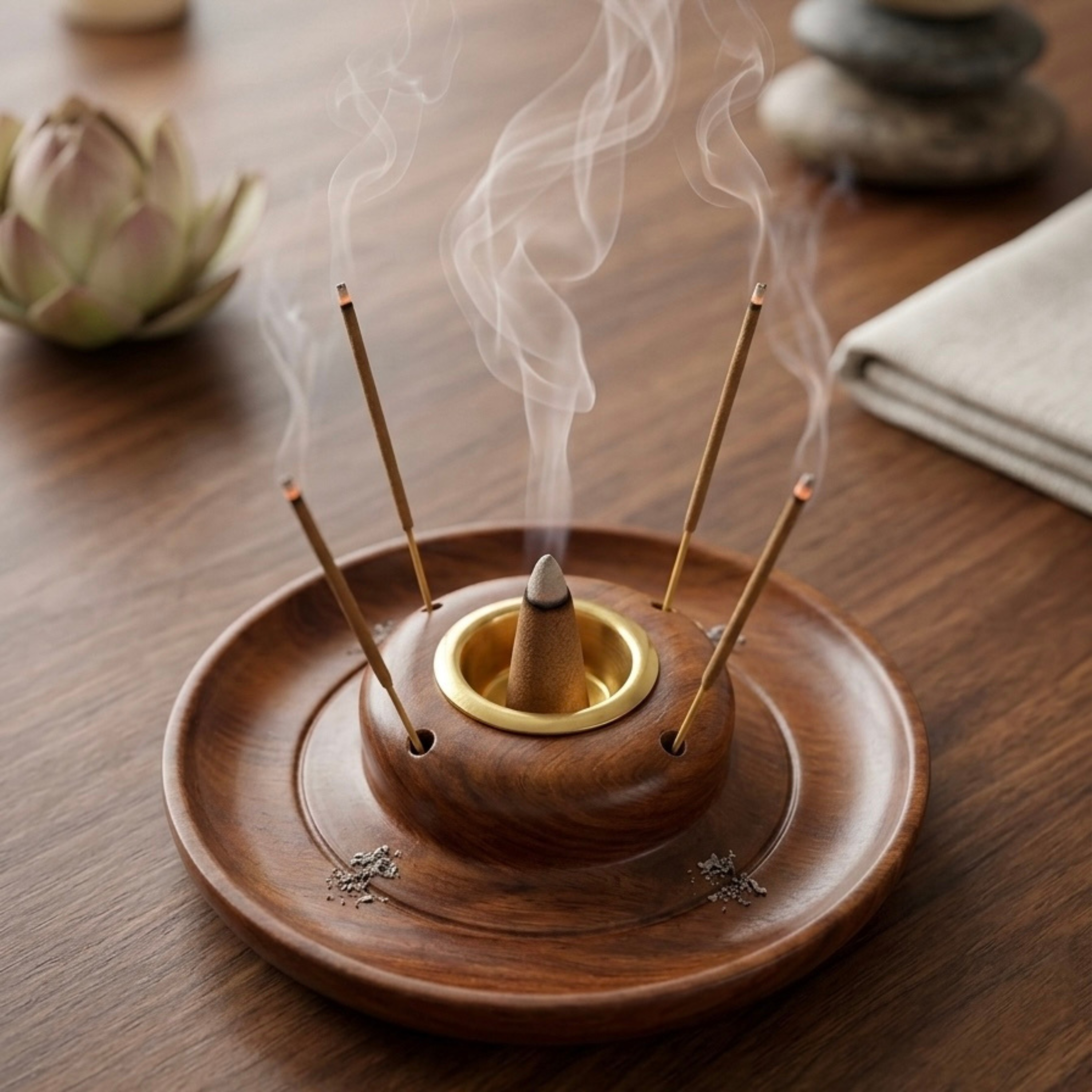 Handcrafted Sheesham Wood Round Incense Plate Holder & Dhoop Cone Stand | Dual Agarbatti Stick & Dhoop Burner with Brass Cup Insert