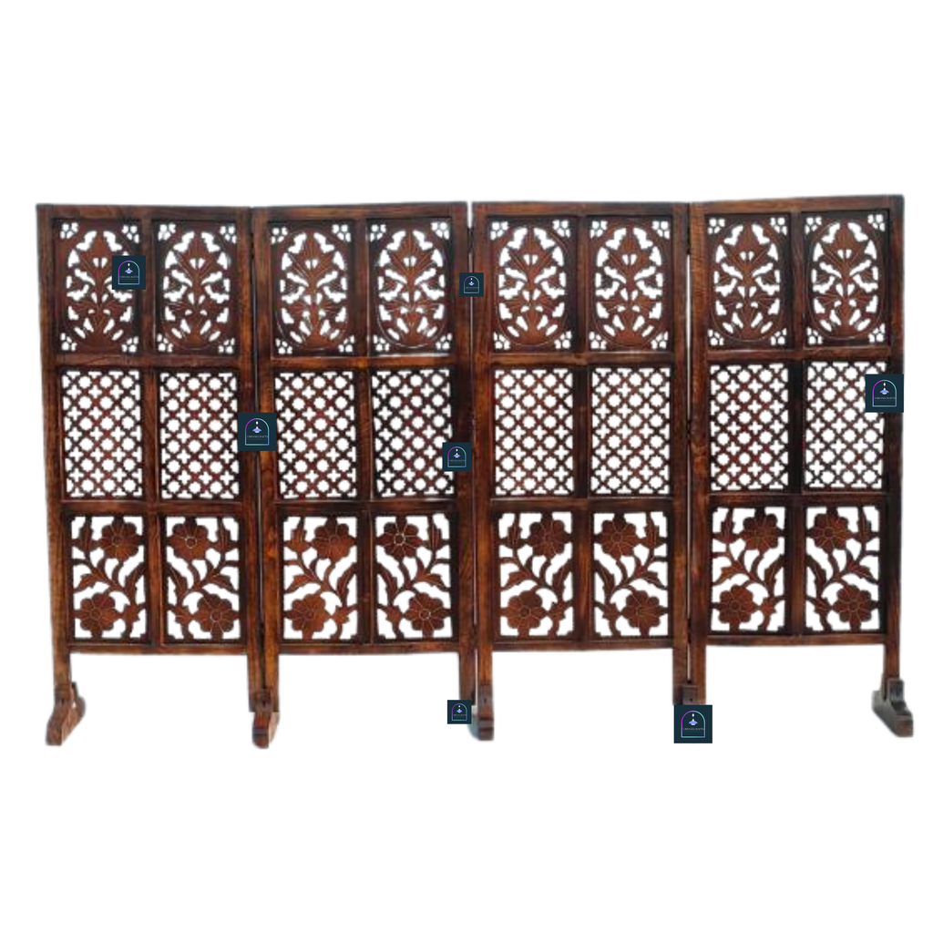 Urbane Crafts Handcrafted 4 Panel Wooden Room Divider (4 Ft Height) – Hand Carved Solid Wood Folding Partition Screen & Low Profile Room Separator for Living Room, Home Office & Bedroom