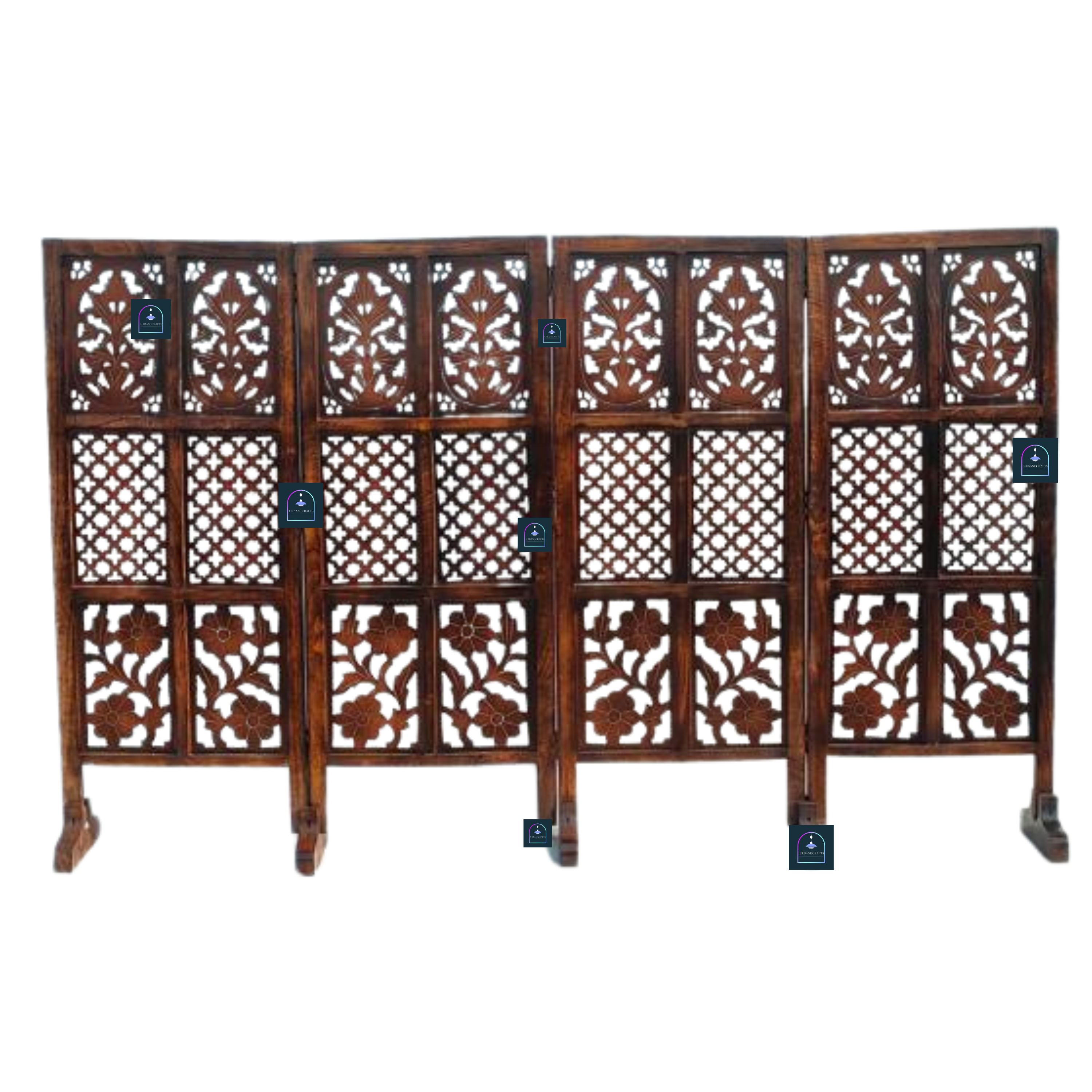 Urbane Crafts Handcrafted 4 Panel Wooden Room Divider (4 Ft Height) – Hand Carved Solid Wood Folding Partition Screen & Low Profile Room Separator for Living Room, Home Office & Bedroom