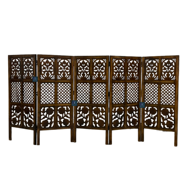 Urbane Crafts Handcrafted 5 Panel Wooden Room Divider (4 Ft Height) – Hand Carved Solid Wood Folding Partition Screen & Low Profile Room Separator for Living Room, Home Office & Bedroom
