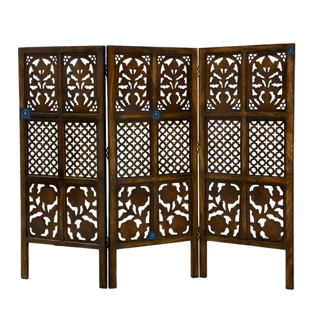 Urbane Crafts Handcrafted 3 Panel Wooden Room Divider (4 Ft Height) – Hand Carved Solid Wood Folding Partition Screen & Low Profile Room Separator for Living Room, Home Office & Bedroom