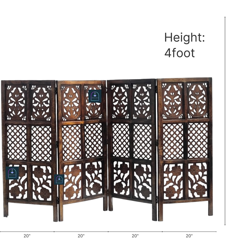 Urbane Crafts Handcrafted 4 Panel Wooden Room Divider (4 Ft Height) – Hand Carved Solid Wood Folding Partition Screen & Low Profile Room Separator for Living Room, Home Office & Bedroom