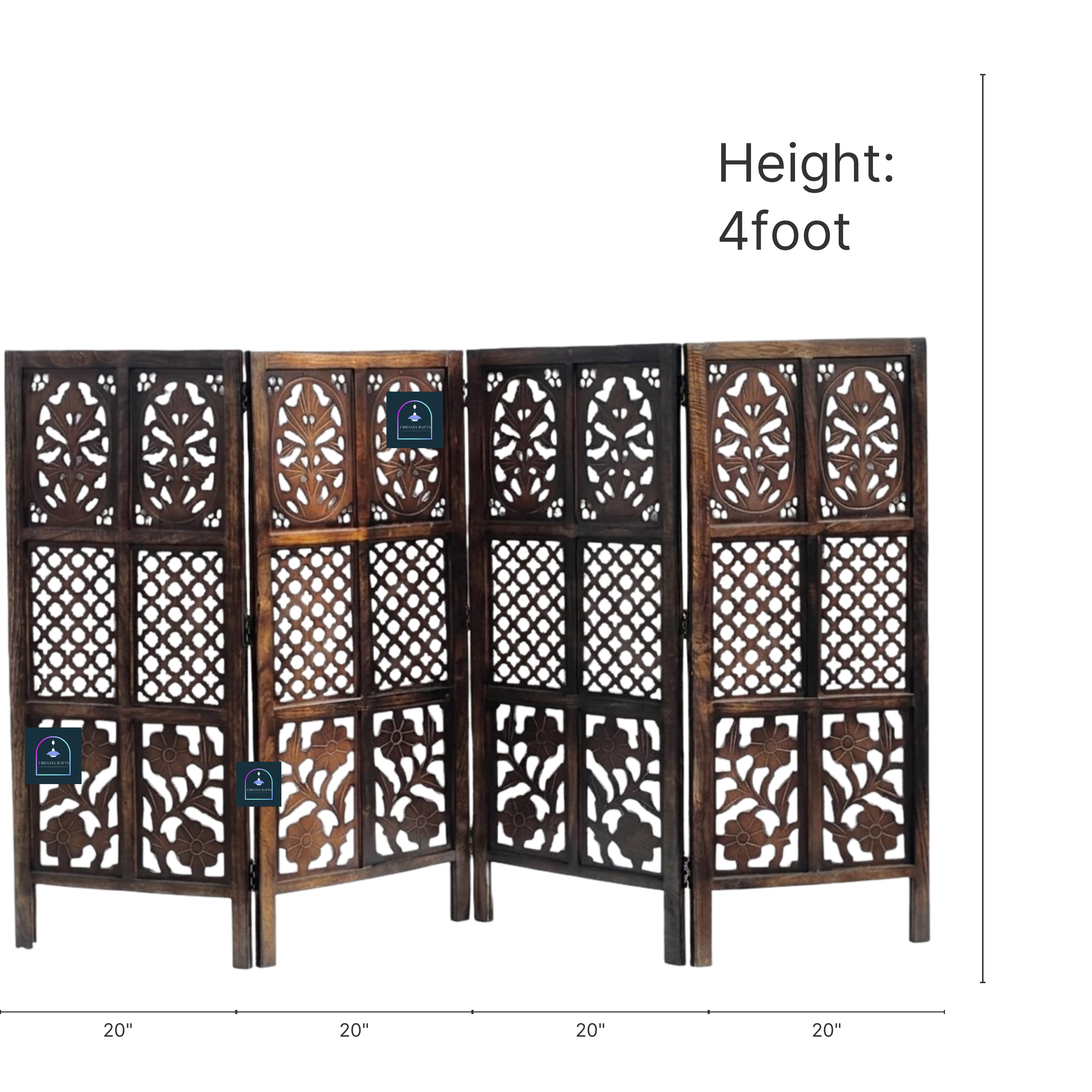 Urbane Crafts Handcrafted 4 Panel Wooden Room Divider (4 Ft Height) – Hand Carved Solid Wood Folding Partition Screen & Low Profile Room Separator for Living Room, Home Office & Bedroom