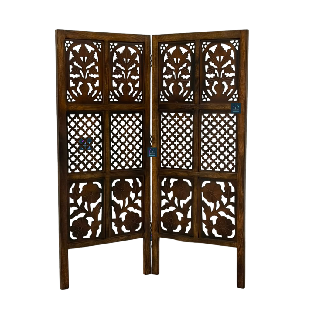Urbane Crafts Handcrafted 2 Panel Wooden Room Divider (4 Ft Height) – Hand Carved Solid Wood Folding Partition Screen & Low Profile Room Separator for Living Room, Home Office & Compact Spaces