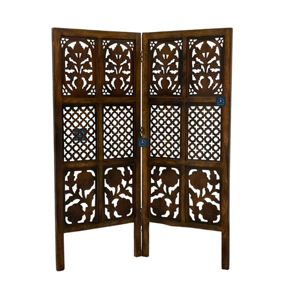Urbane Crafts Handcrafted 2 Panel Wooden Room Divider (4 Ft Height) – Hand Carved Solid Wood Folding Partition Screen & Low Profile Room Separator for Living Room, Home Office & Compact Spaces
