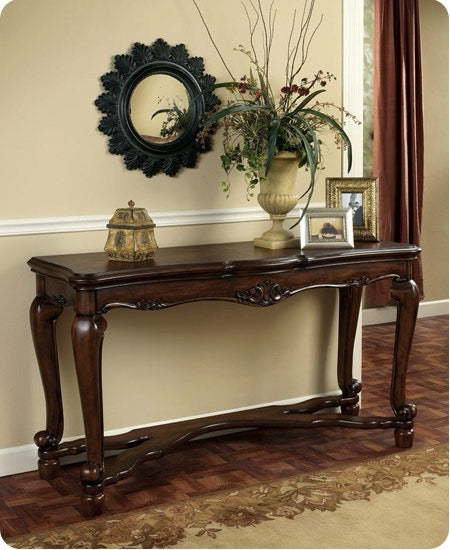 Urbane Crafts Solid Teak Wood Traditional Long Console Table – French Country Entryway Sofa Table with Carved Apron and Curving Stretcher Base