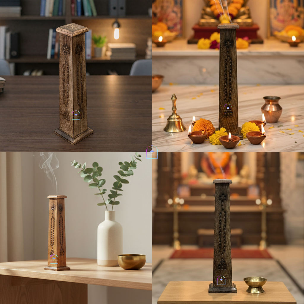 Handcrafted Mango Wood Tower Incense Burner & Agarbatti Holder | 12-Inch Vertical Wooden Dhoop & Incense Stick Box