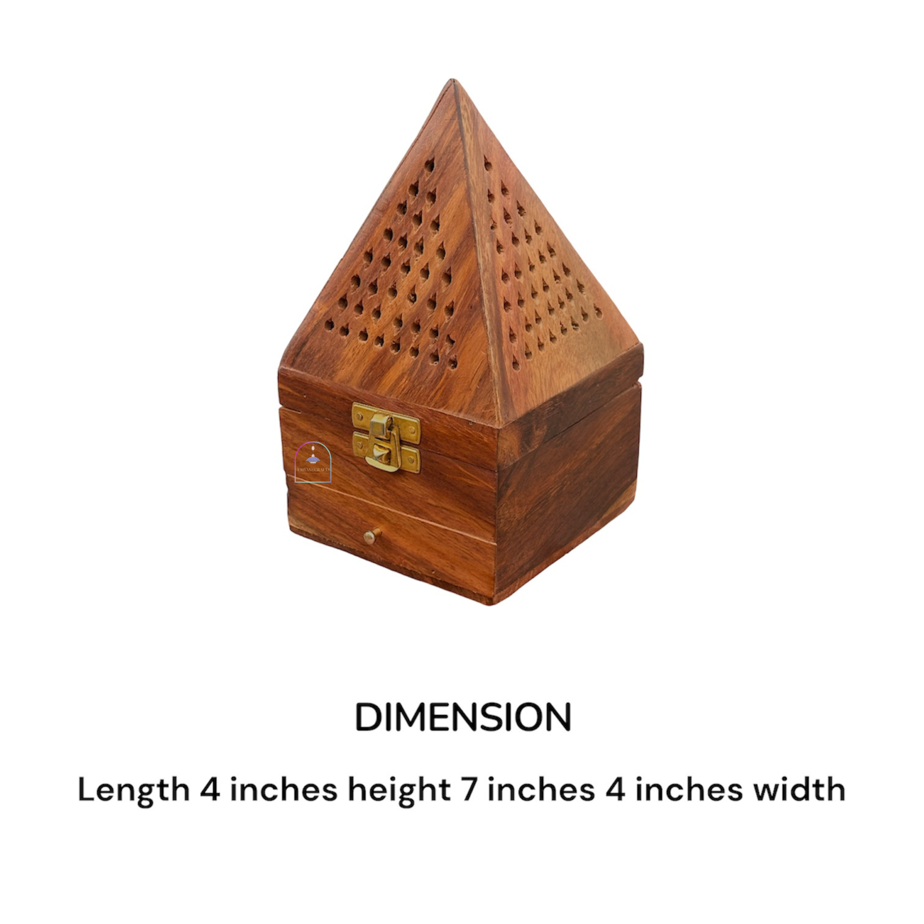 Handcrafted Sheesham Wood Pyramid Dhoop Box with Storage Drawer | 7-Inch Wooden Loban & Sambrani Burner Stand with Removable Brass Dish