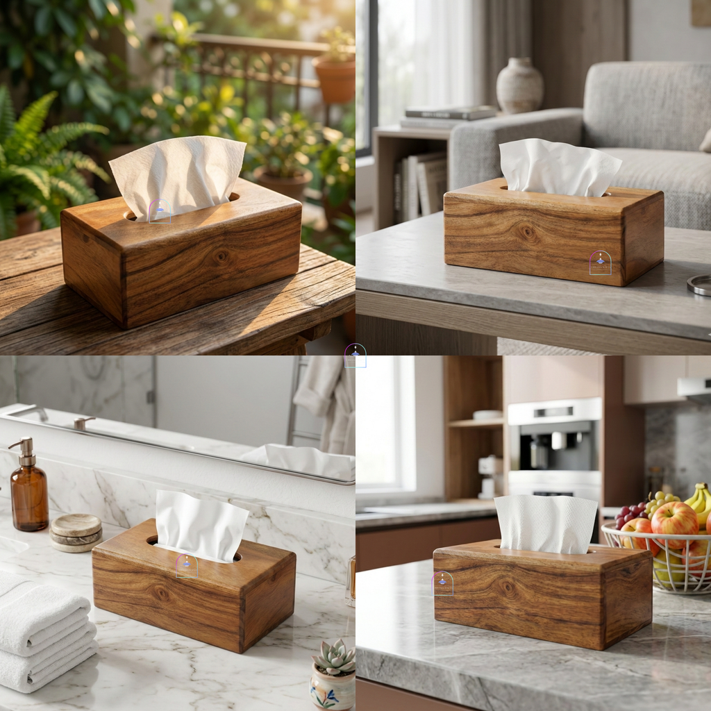 Handcrafted Acacia Wood Rectangular Tissue Box Cover | Decorative Wooden Napkin Dispenser Holder for Dining Table, Living Room, Office & Bathroom
