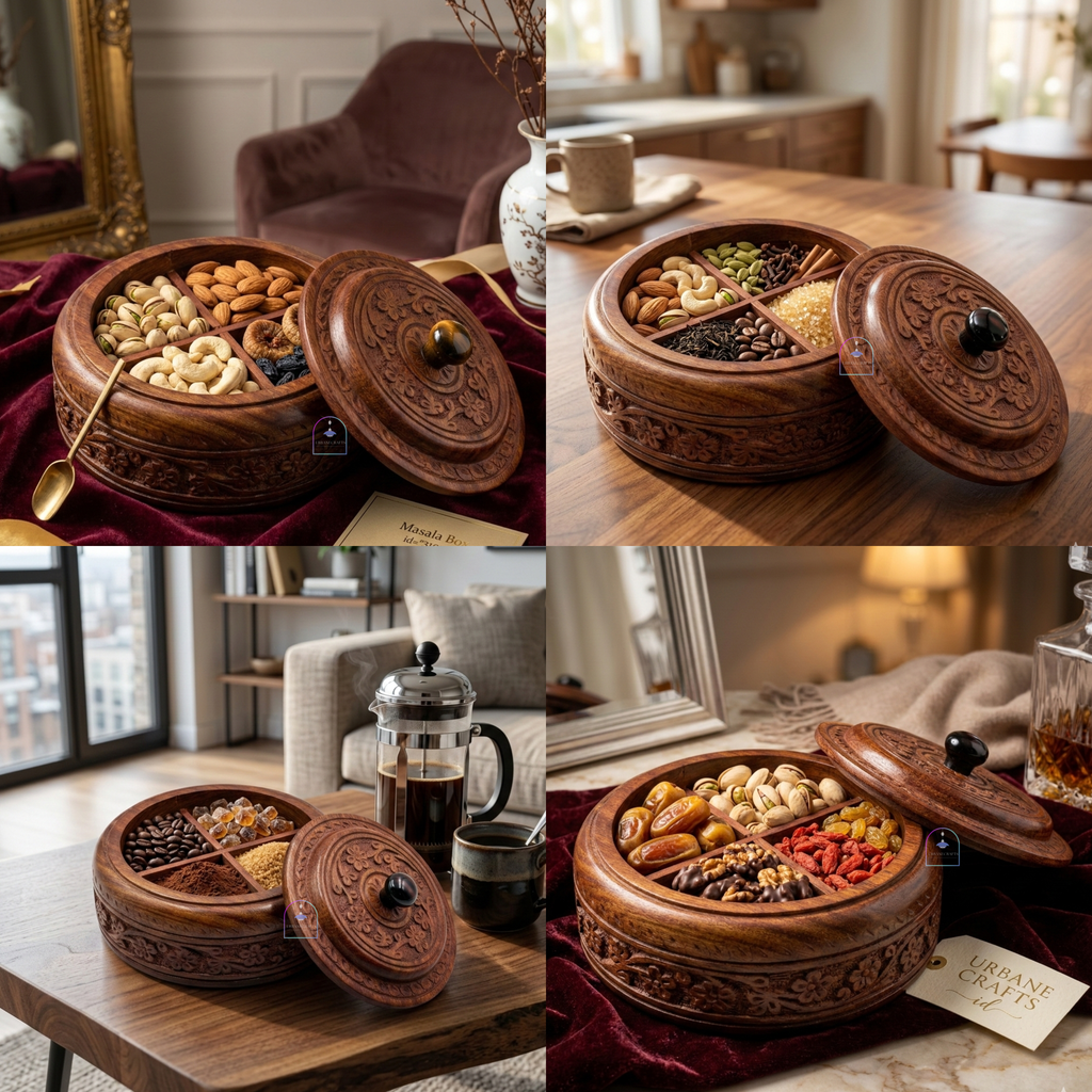 Handcrafted Rosewood Multi-Purpose Spice Box & Dry Fruit Container | 7-Inch Round Wooden Masala Dabba with 4 Removable Compartments & Intricate Floral Carvings