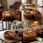 Handcrafted Rosewood Multi-Purpose Spice Box & Dry Fruit Container | 7-Inch Round Wooden Masala Dabba with 4 Removable Compartments & Intricate Floral Carvings