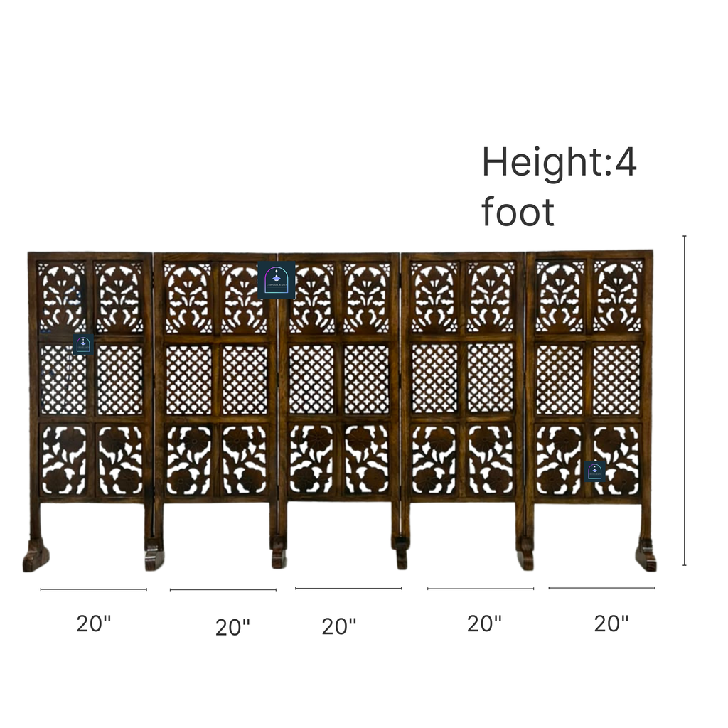 Urbane Crafts Handcrafted 5 Panel Wooden Room Divider (4 Ft Height) – Hand Carved Solid Wood Folding Partition Screen & Low Profile Room Separator for Living Room, Home Office & Bedroom