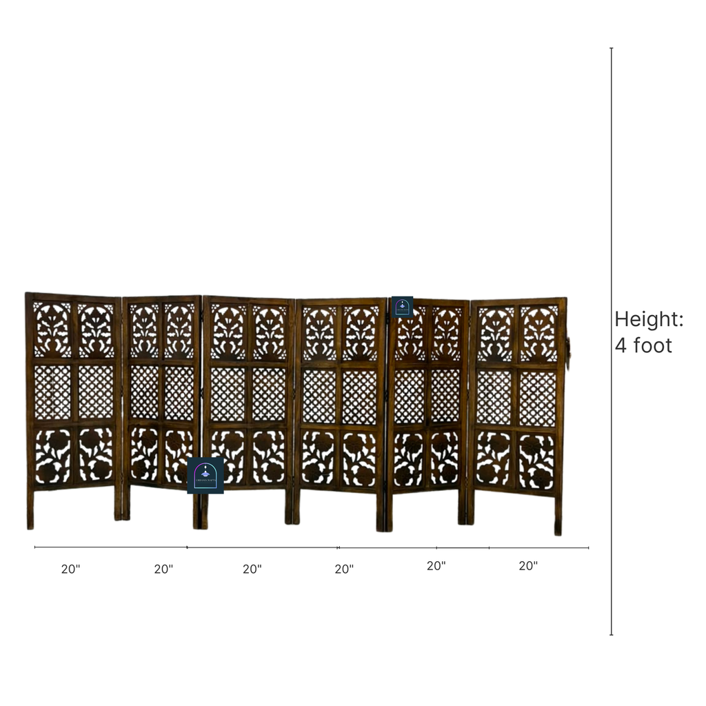 Handcrafted 6-Panel Wooden Room Divider Partition Screen (4 Ft Height) – Solid Mango Wood Frame with Carved MDF Floral & Jaali Work, Foldable Privacy Screen for Living Room, Bedroom & Office (Antique Walnut Brown Finish)