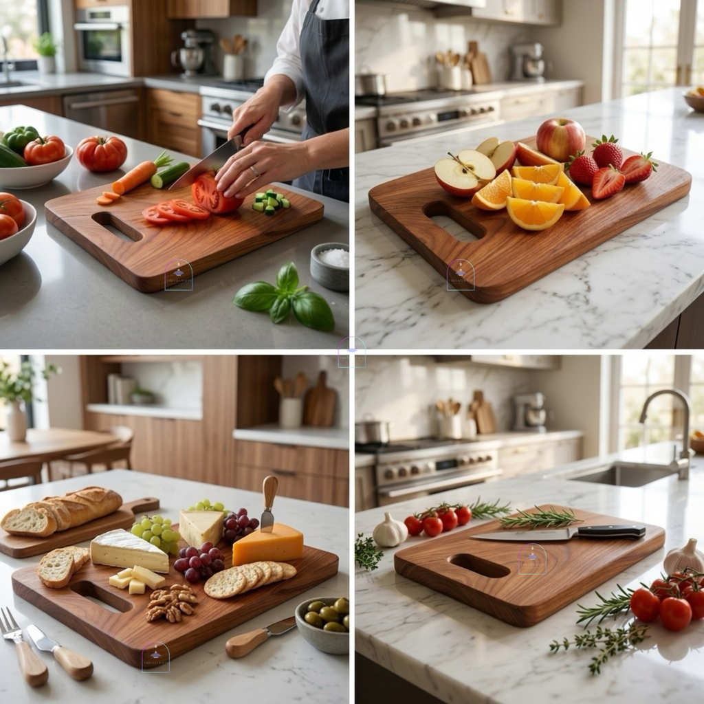 Handcrafted Acacia Wood Heavy-Duty Rectangular Chopping Board | 11.5x8 Inch Wooden Cutting Block with Built-in Handle for Kitchen Prep, Meat, Cheese & Charcuterie Platter