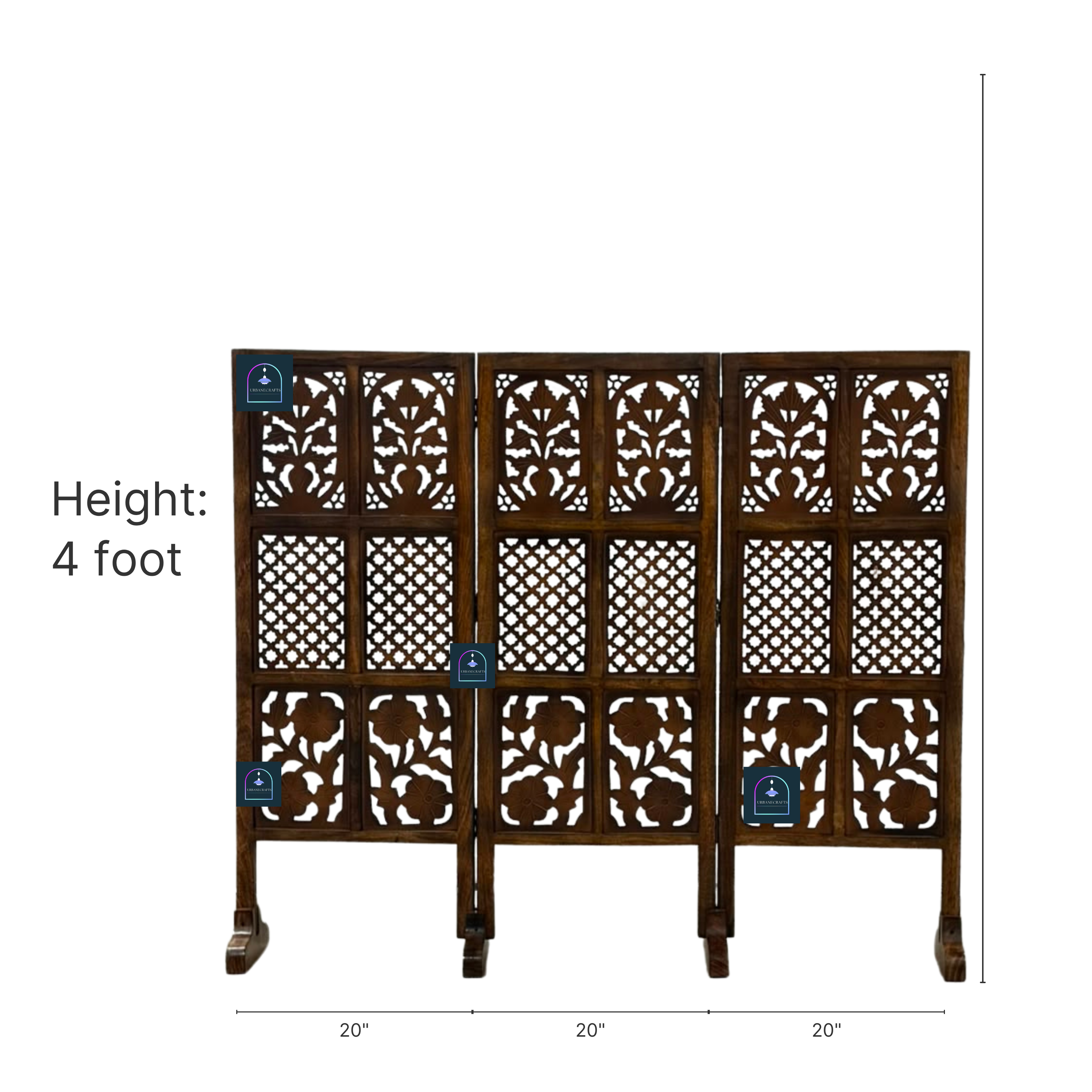 Urbane Crafts Handcrafted 3 Panel Wooden Room Divider (4 Ft Height) – Hand Carved Solid Wood Folding Partition Screen & Low Profile Room Separator for Living Room, Home Office & Bedroom