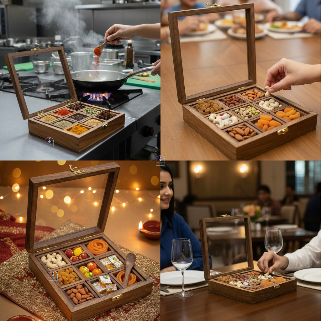 Handcrafted Rosewood Square Spice Box with Glass Lid & Wooden Spoon | 8x8 Inch Indian Masala Dabba with 9 Removable Compartments | Multi-Purpose Dry Fruit & Kitchen Storage Container