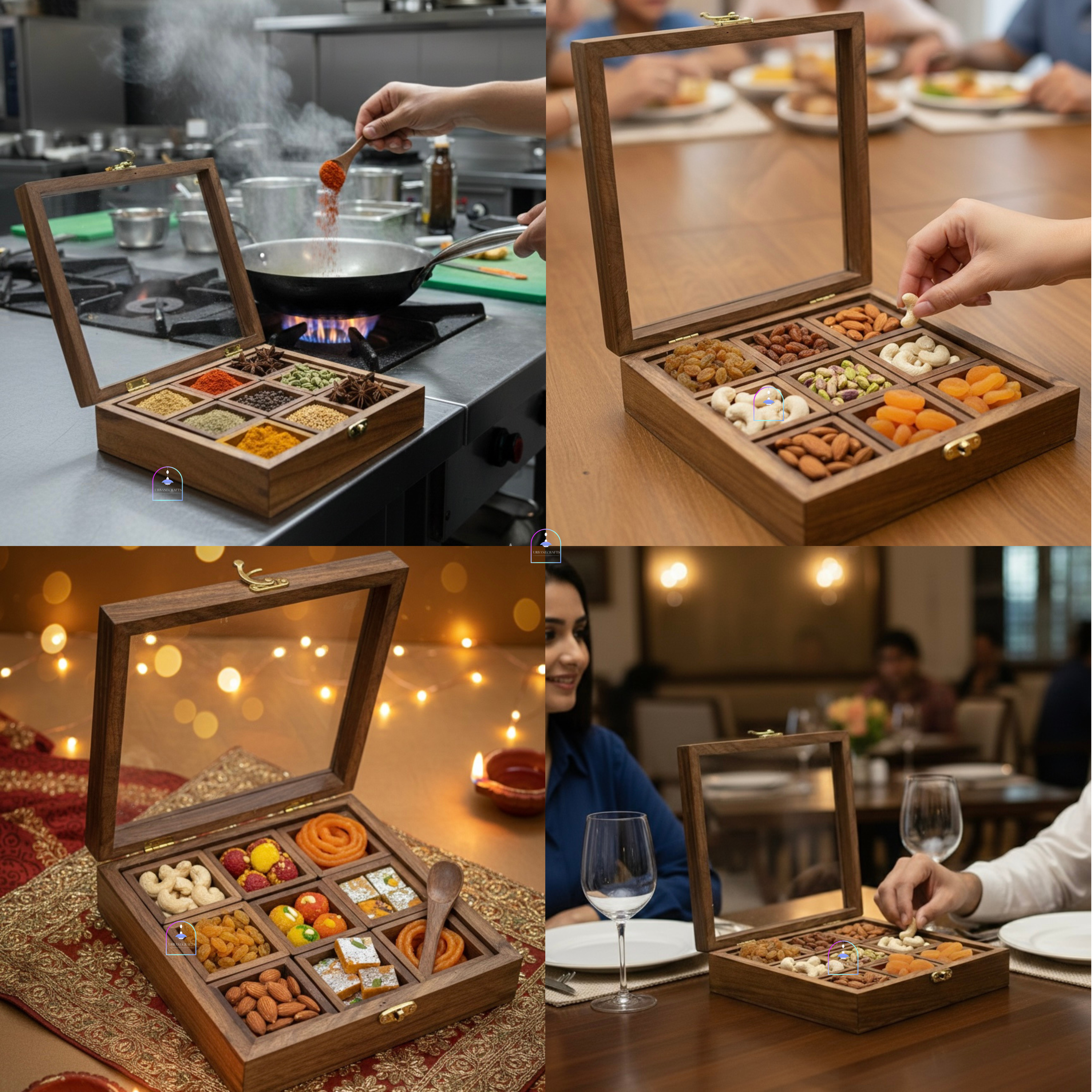 Handcrafted Rosewood Square Spice Box with Glass Lid & Wooden Spoon | 8x8 Inch Indian Masala Dabba with 9 Removable Compartments | Multi-Purpose Dry Fruit & Kitchen Storage Container