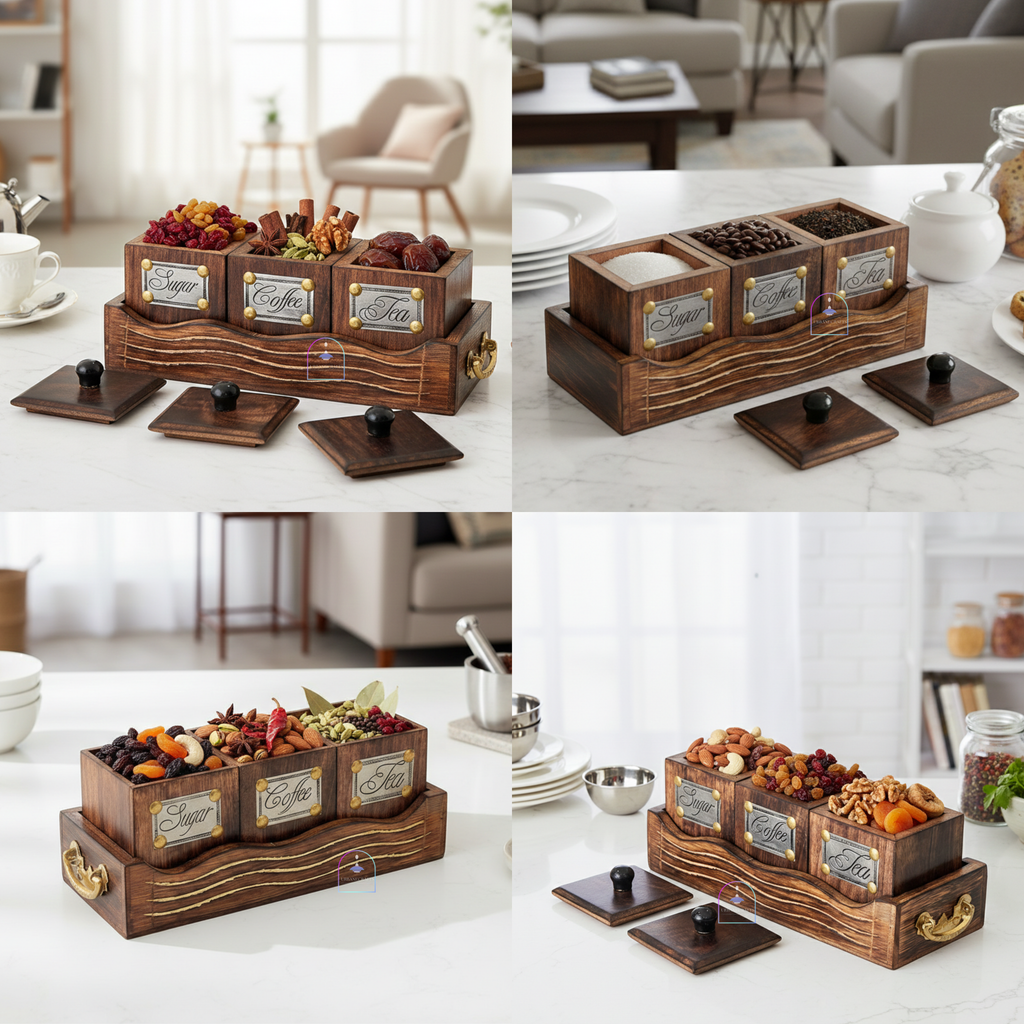 Handcrafted Rosewood Tea Coffee Sugar Container Set with Serving Tray | Rustic 3-Piece Wooden Kitchen Canister Set with Lids & Brass Labels | Vintage Coffee Bar & Kitchen Storage Organizer