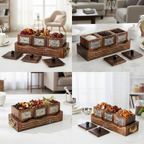 Handcrafted Rosewood Tea Coffee Sugar Container Set with Serving Tray | Rustic 3-Piece Wooden Kitchen Canister Set with Lids & Brass Labels | Vintage Coffee Bar & Kitchen Storage Organizer