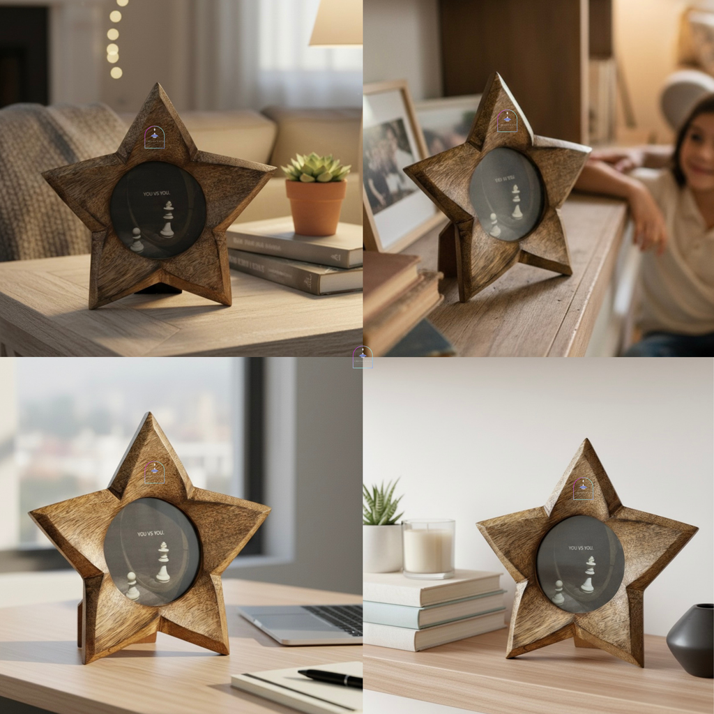 Handcrafted Mango Wood Star Photo Frame | 8x8 Inch Wooden Picture Frame Tabletop Accent with Backstand
