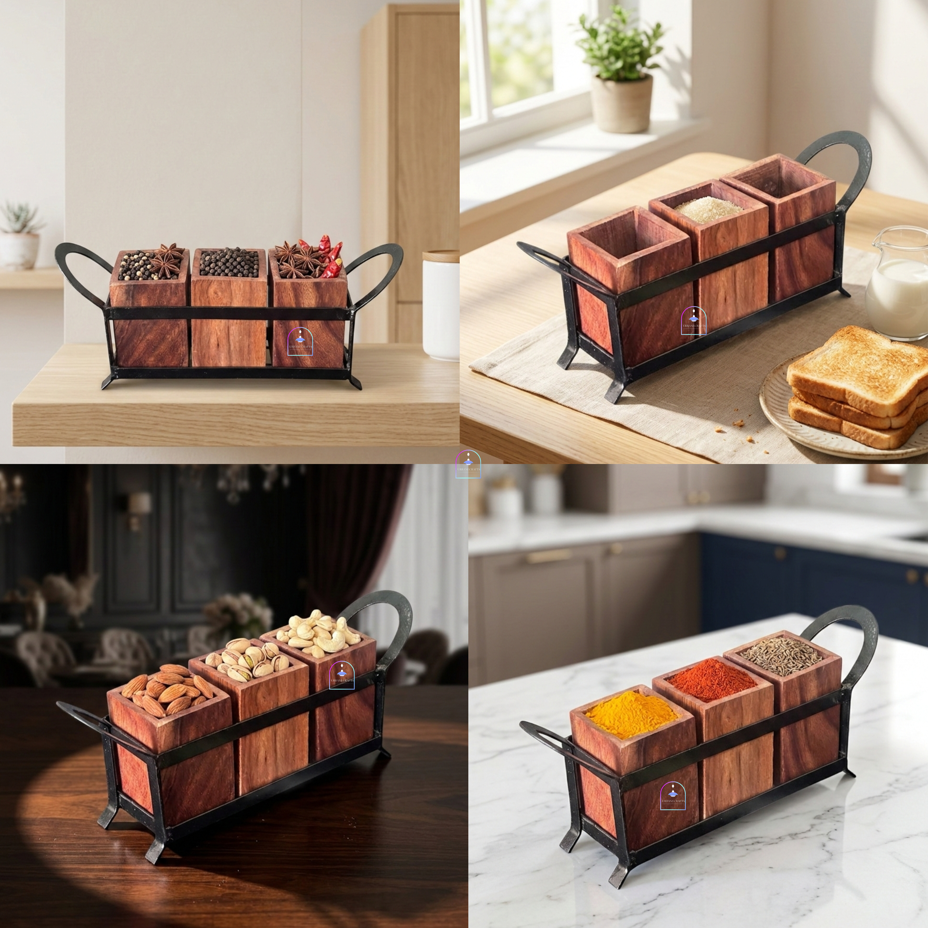 Handcrafted Rosewood and Wrought Iron 3-Canister Storage Set with Stand | 11-Inch Wooden Multi-Purpose Spice Box, Dry Fruit Container & Coffee Bar Station Organizer
