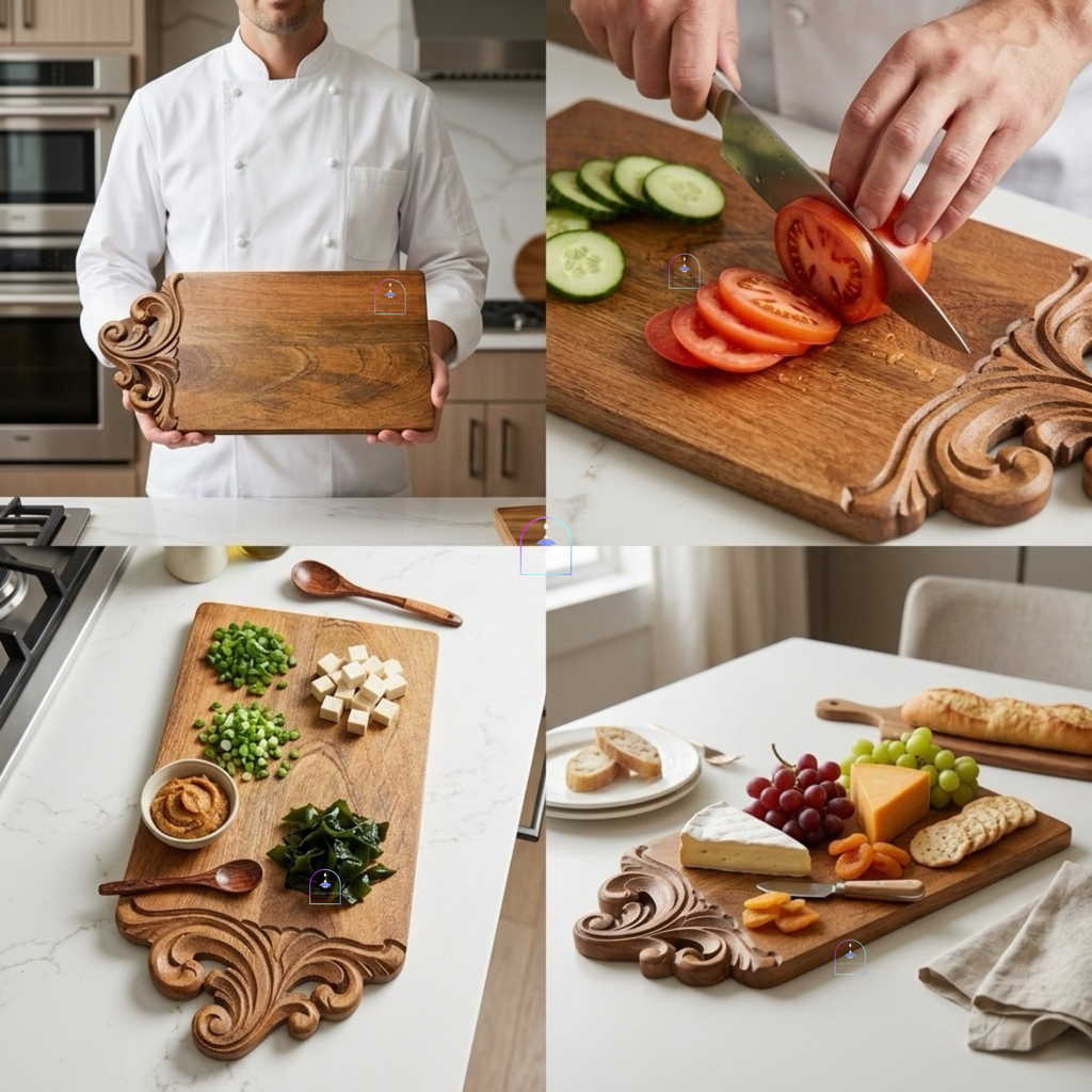 Handcrafted Mango Wood Baroque Carved Chopping Board | 16x8 Inch Luxury Vintage Wooden Cheese Board & Elegant Charcuterie Serving Platter with Ornate Handle