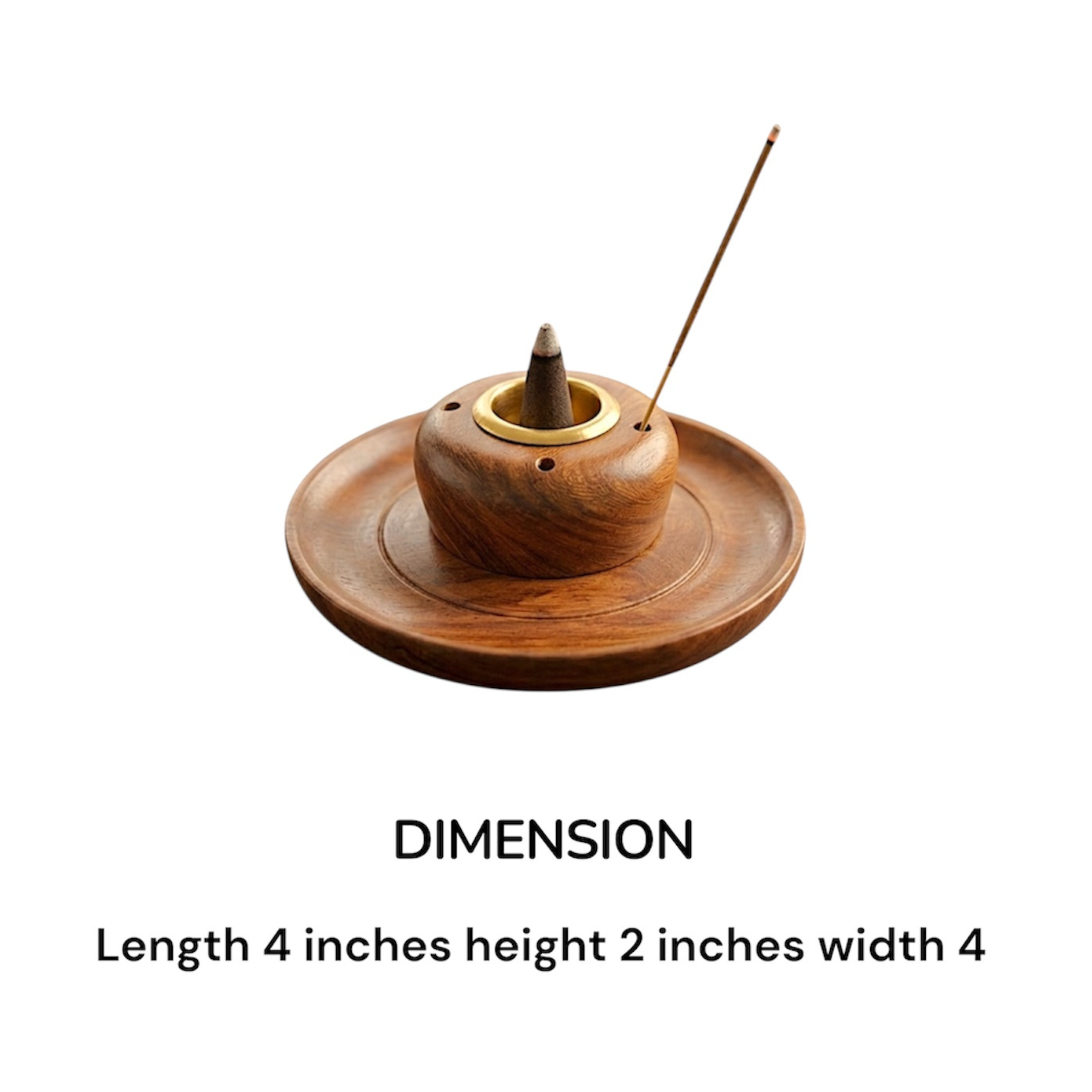 Handcrafted Sheesham Wood Round Incense Plate Holder & Dhoop Cone Stand | Dual Agarbatti Stick & Dhoop Burner with Brass Cup Insert