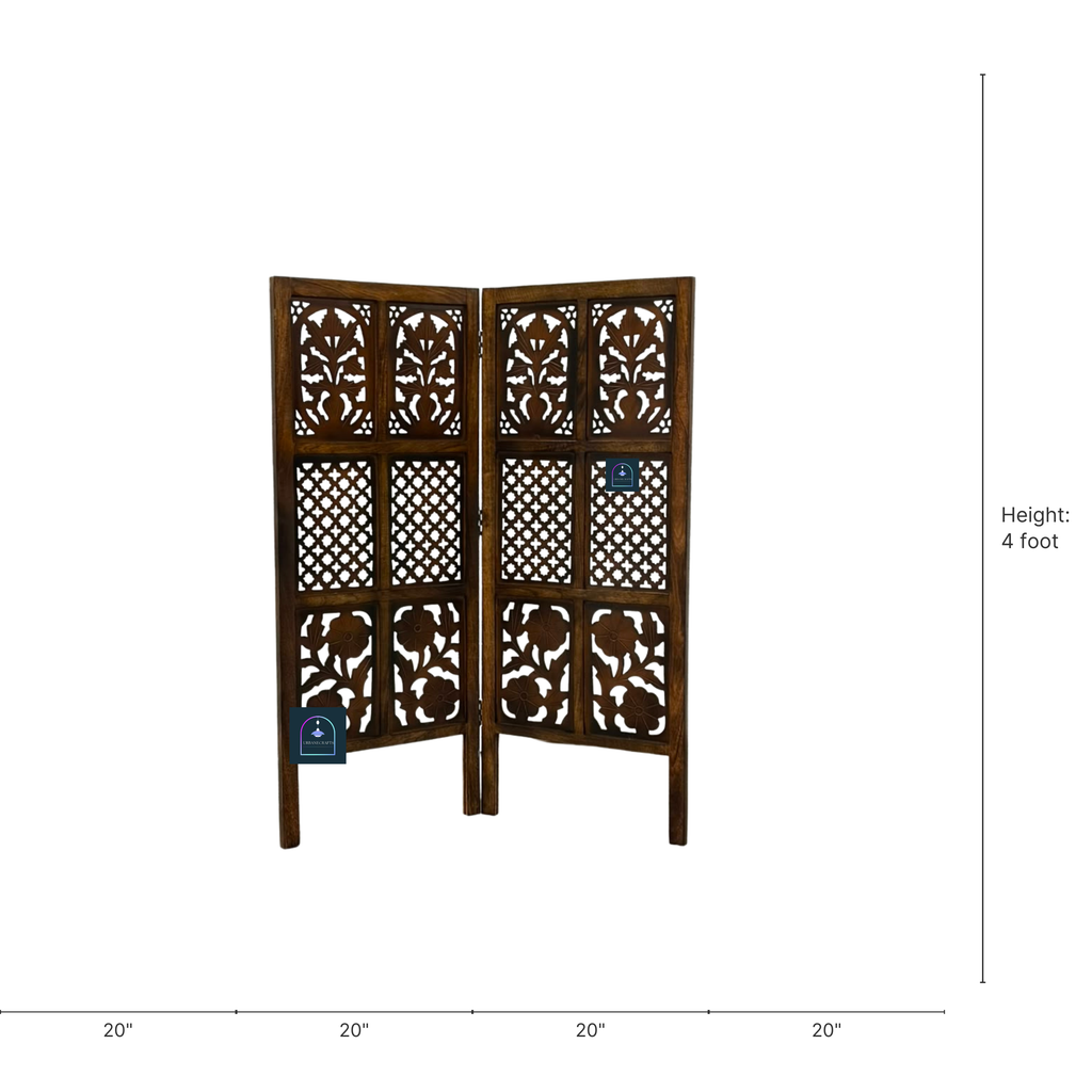 Urbane Crafts Handcrafted 2 Panel Wooden Room Divider (4 Ft Height) – Hand Carved Solid Wood Folding Partition Screen & Low Profile Room Separator for Living Room, Home Office & Compact Spaces